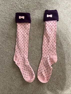 Free People Pink Polka Dot Knee-High Socks with Purple Cuff and Bow
